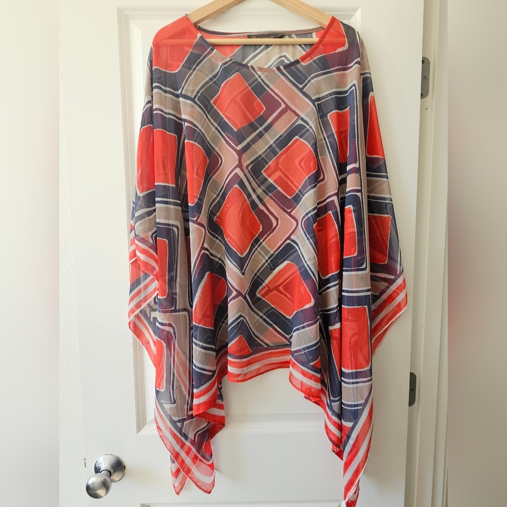 The Limited Outback Red Sheer Poncho sm/med Red Blue Top Blouse